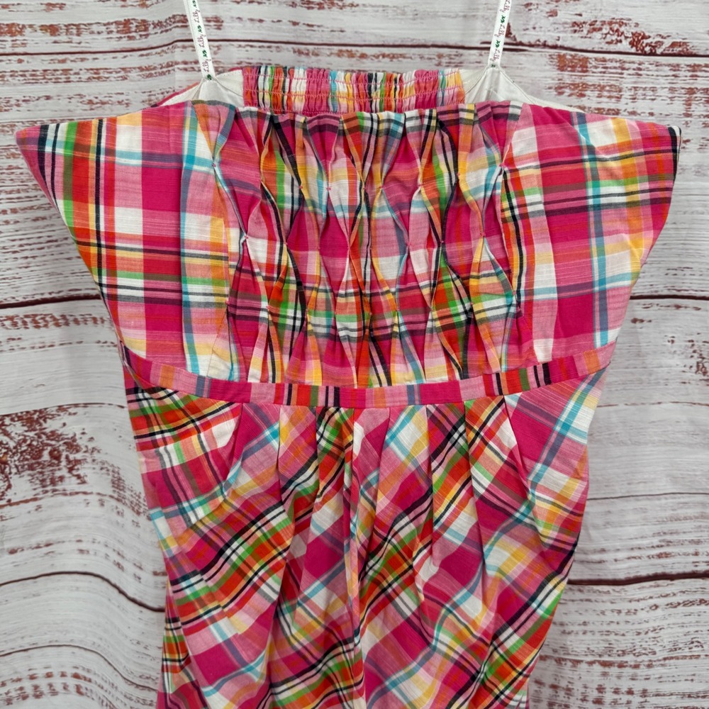 Lilly Pulitzer Strapless Plaid Dress Size 4 Smocked Bodice Pink Yellow Green - Picture 3 of 10